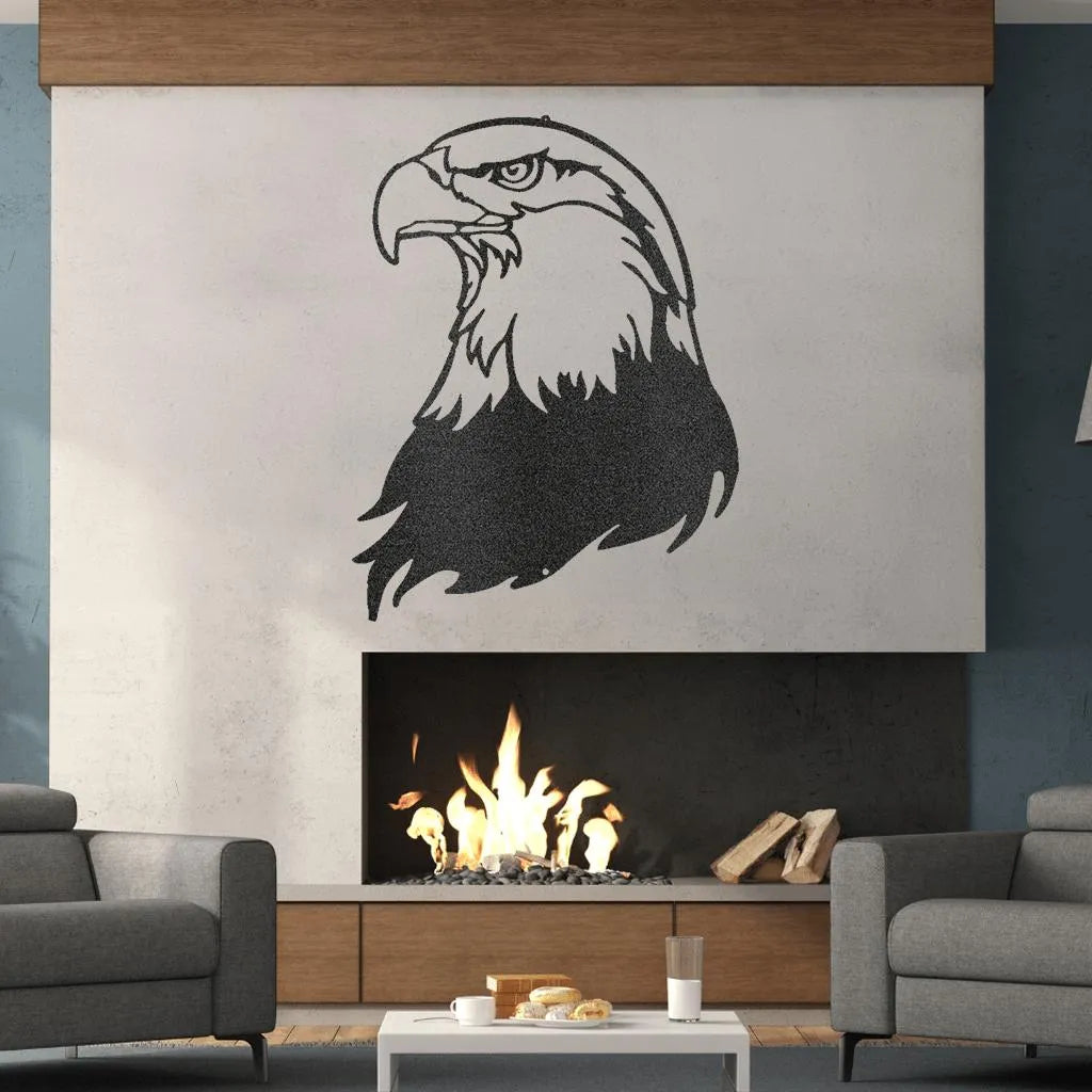 Black metal bald eagle head wall art above a modern fireplace, showcasing detailed American steel craftsmanship.