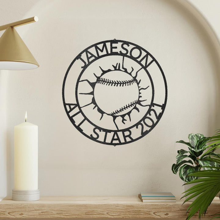 Black metal baseball monogram wall art with "JAMESON ALL STAR 2024" text.