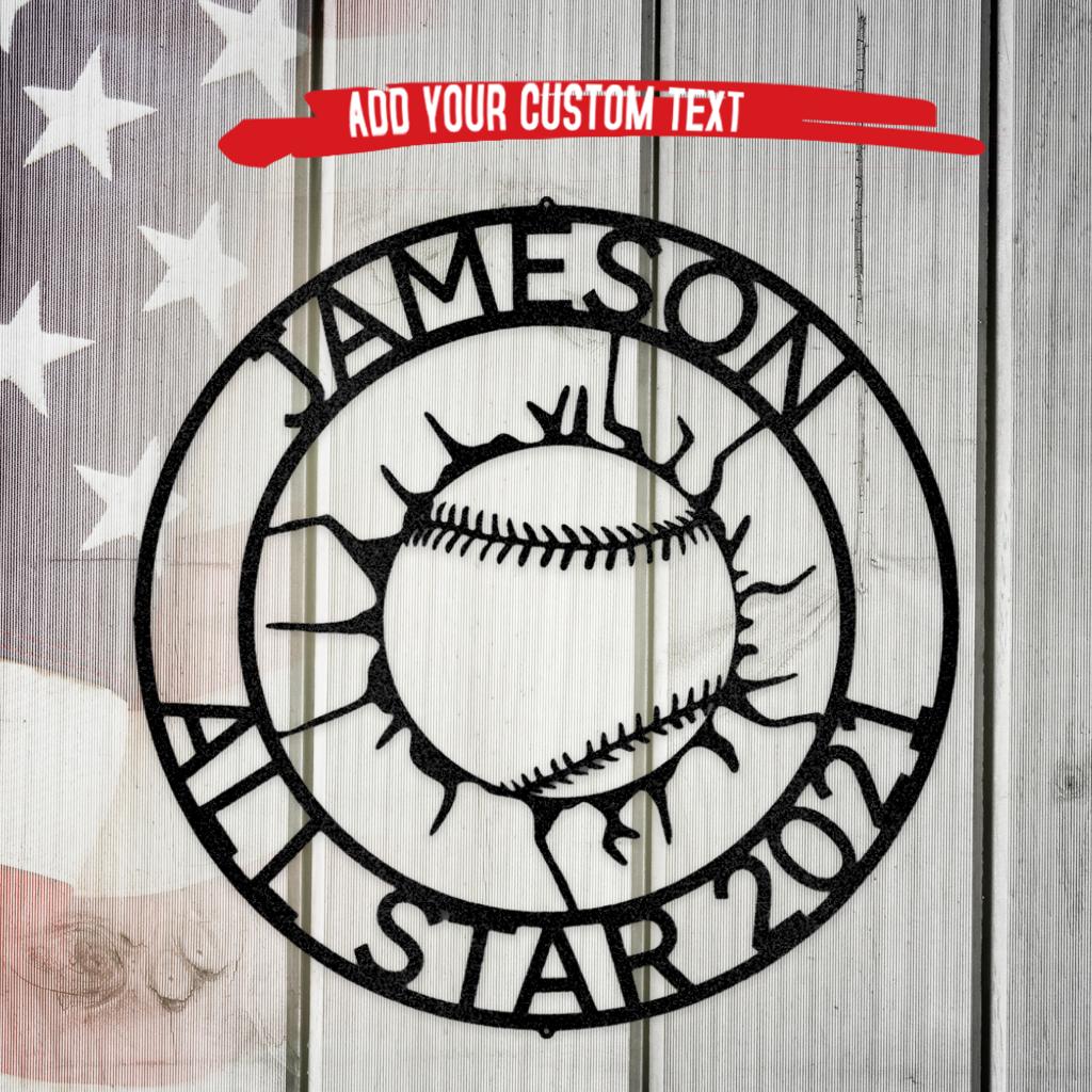Black metal baseball monogram wall art with "JAMESON ALL STAR 2021" text.
