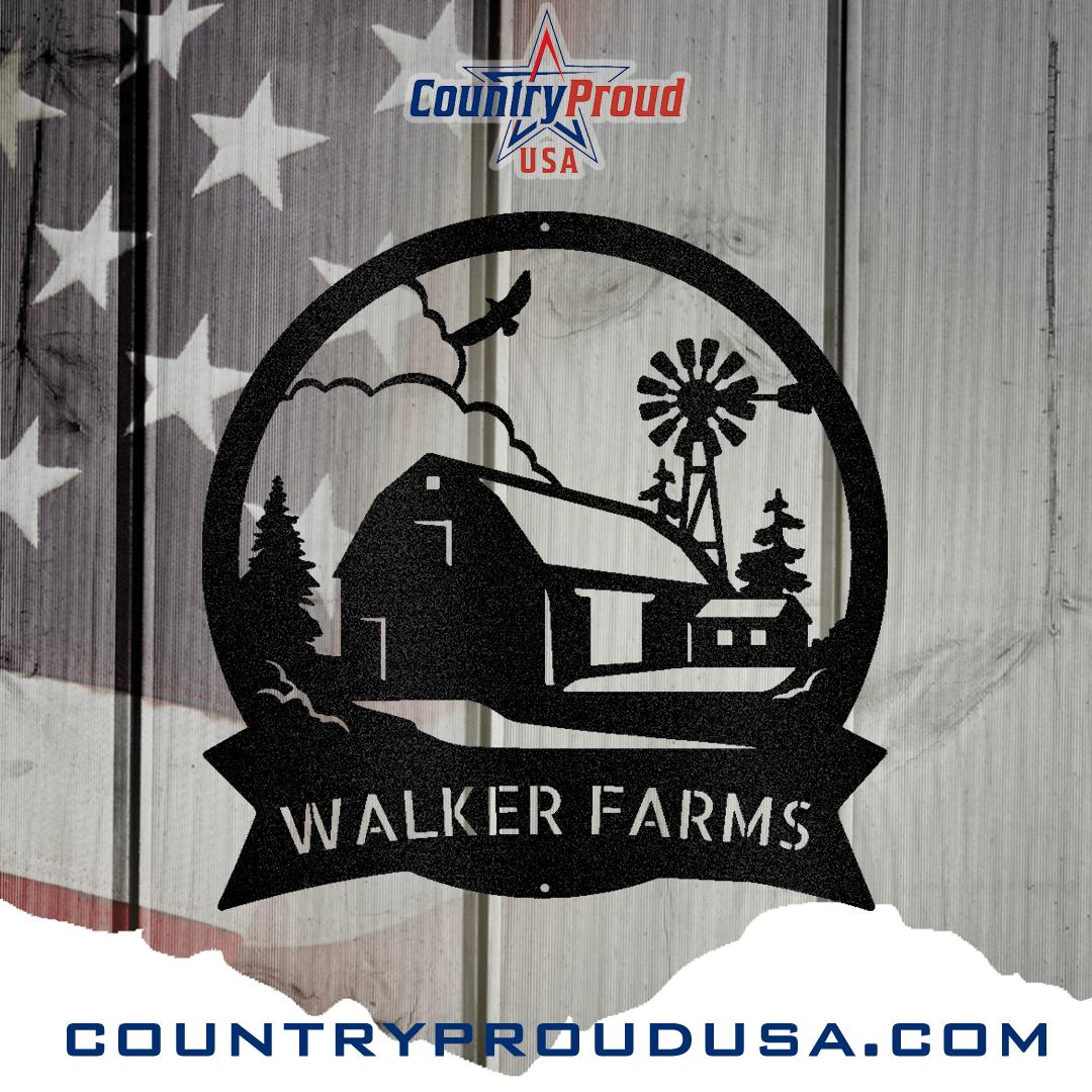 Black metal Barn House Monogram wall art with "WALKER FARMS" text, barn, windmill, and eagle design.