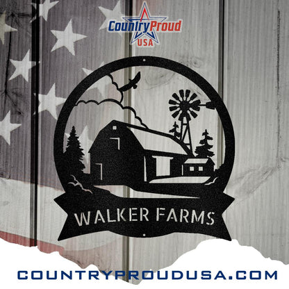 Black metal Barn House Monogram wall art with "WALKER FARMS" text, barn, windmill, and eagle design.
