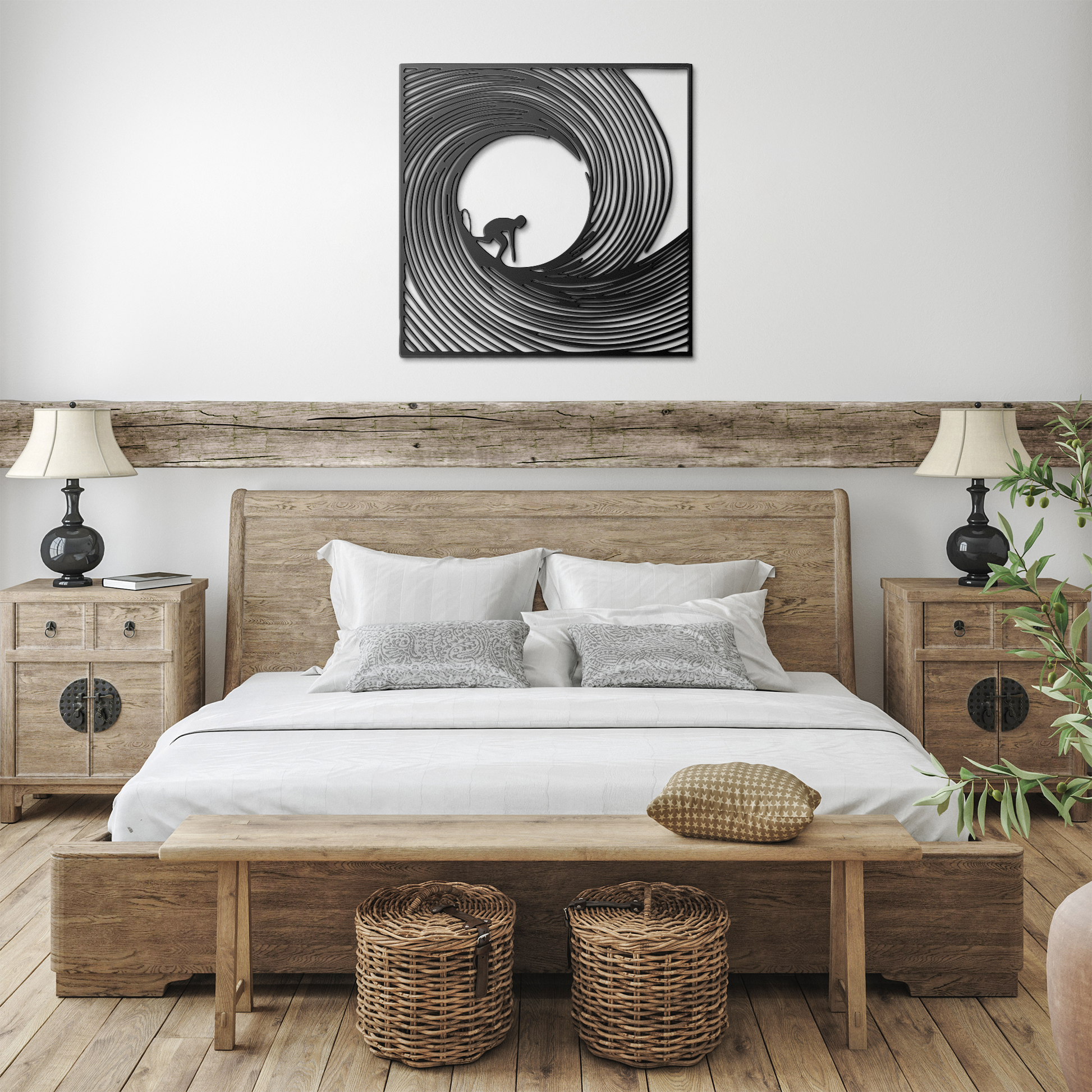 Barrel_Wave_Surfer_Metal_Wall_Art_Black_Farmhouse_Bedroom_Mockup.png