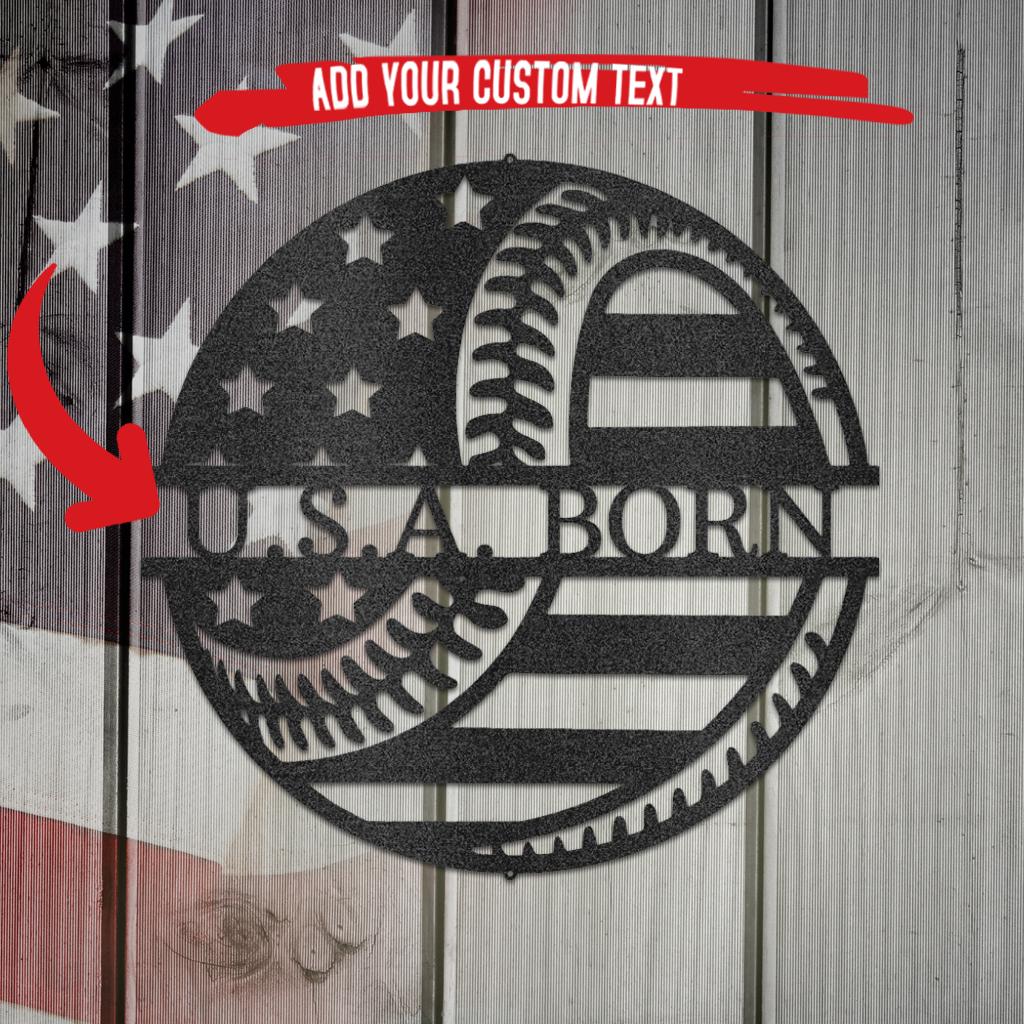 Black metal "U.S.A. BORN" baseball and American flag wall art, customizable.