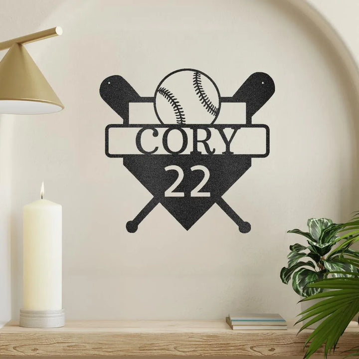 Black powder-coated steel baseball monogram wall art with bats, ball, and "CORY 22" text.