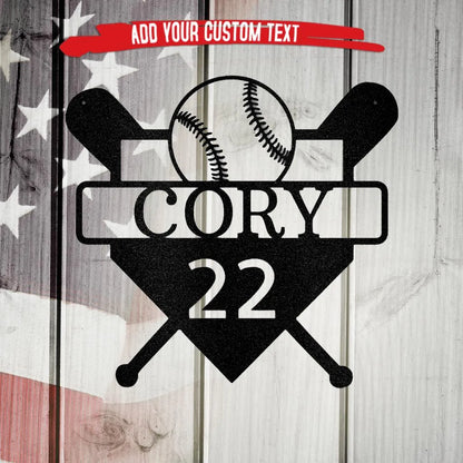 Black metal baseball monogram with bats, ball, and customizable name/number, on a rustic wood background.