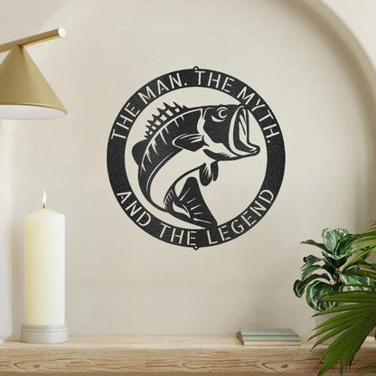 Black metal bass fish wall art with "The Man, The Myth, And The Legend" text.