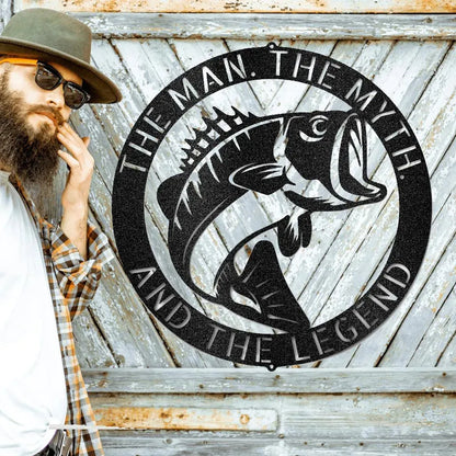 Black metal bass fish monogram wall art with "THE MAN. THE MYTH. AND THE LEGEND" text.