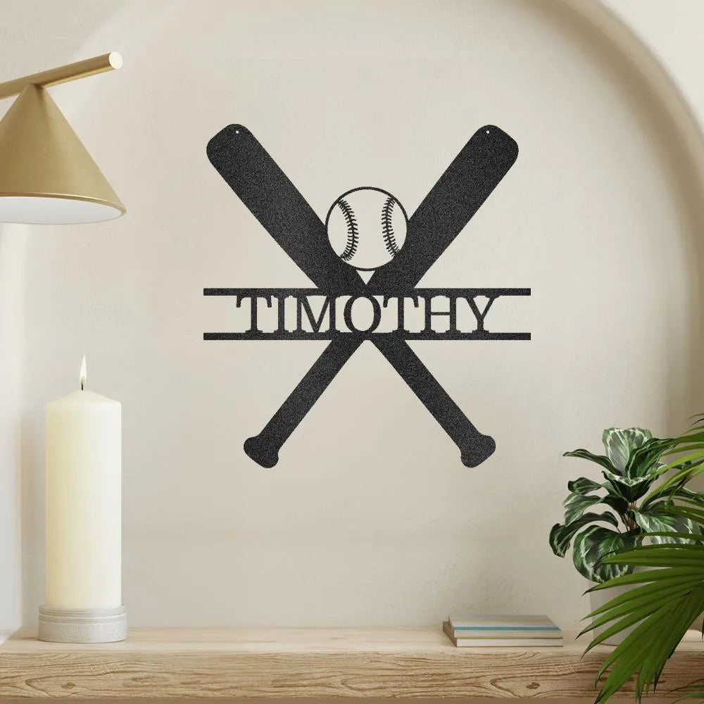 Black metal baseball bat and ball wall art with "TIMOTHY" personalized name.