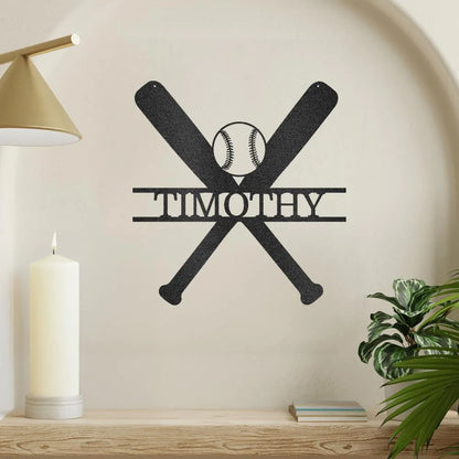 Black metal baseball bat and ball wall art with "TIMOTHY" personalized name.