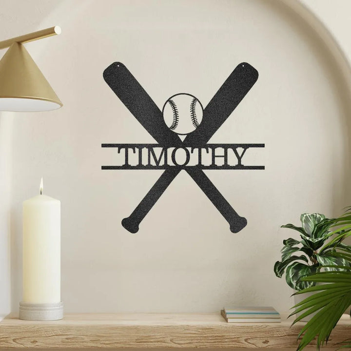 Black metal baseball bat and ball wall art with "TIMOTHY" personalized name.
