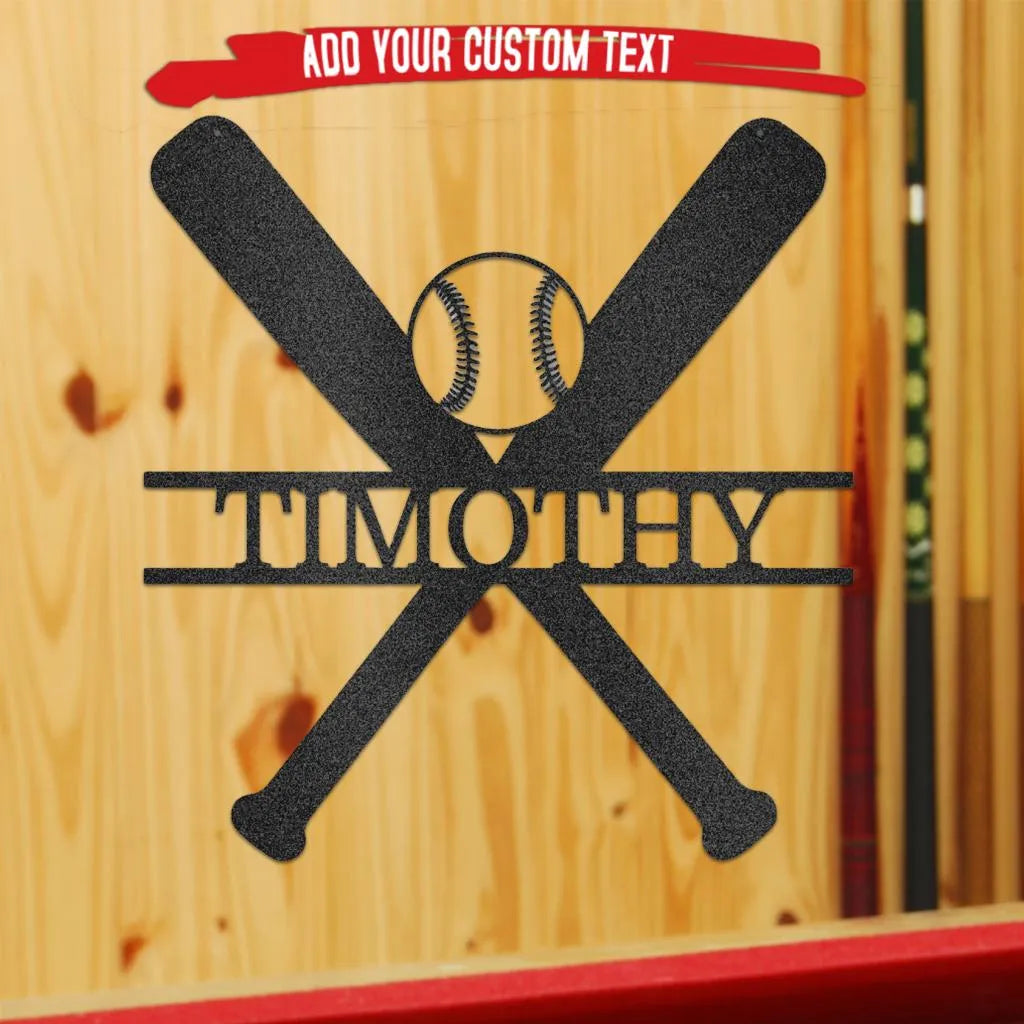 Black metal baseball bats and ball wall art with "TIMOTHY" custom text, on a wood background.