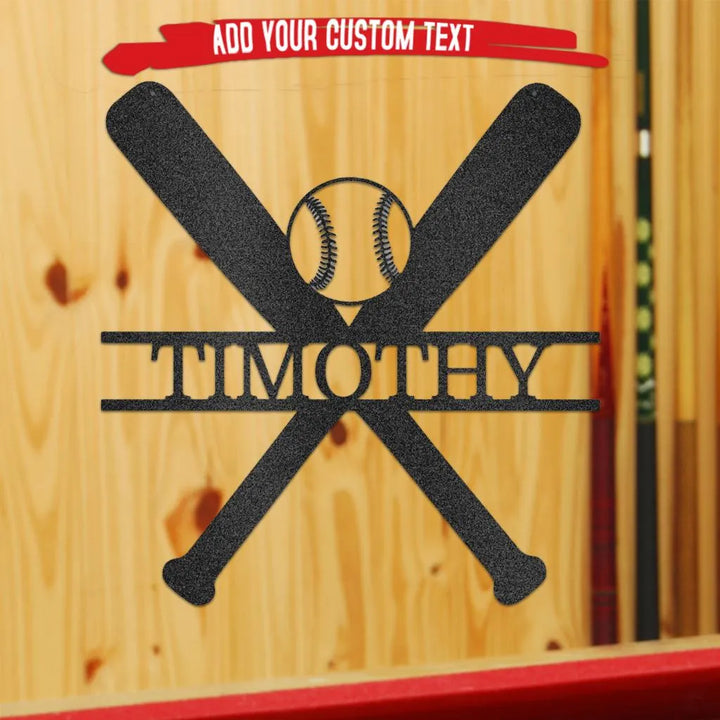Black metal baseball bats and ball wall art with "TIMOTHY" custom text, on a wood background.