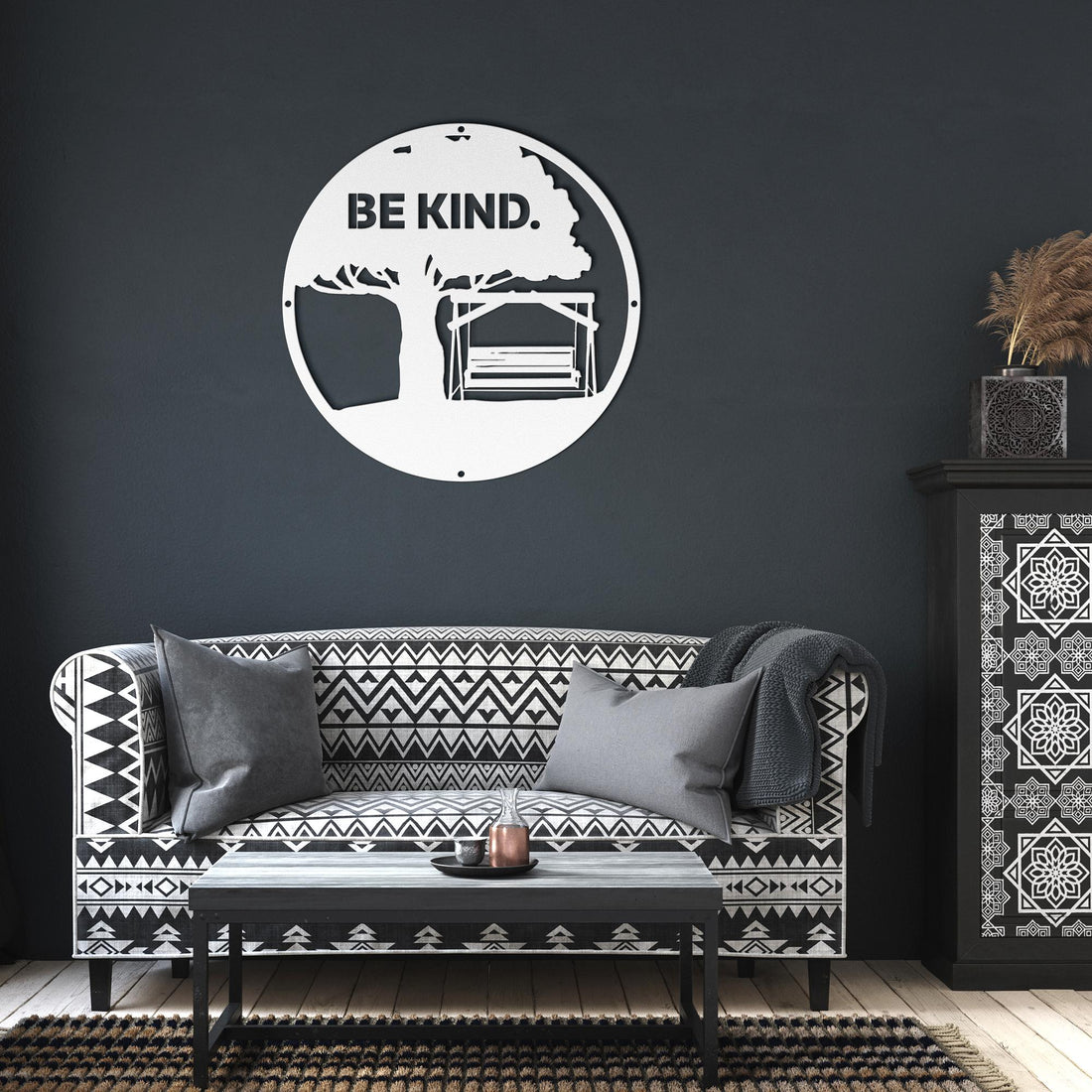 Be_Kind_Personalized_Metal_Wall_Art_White_Dark_Living_Room_Mockup_15290530