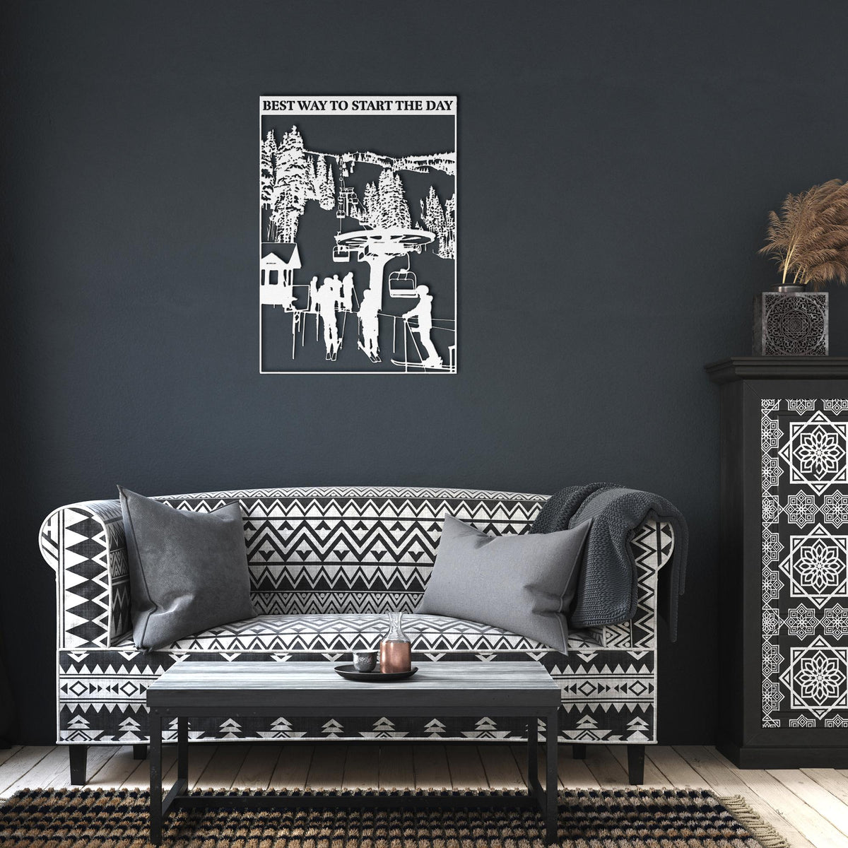 Best_Way_to_Start_the_Day_Metal_Wall_Art_White_Dark_Living_Room_Mockup.png