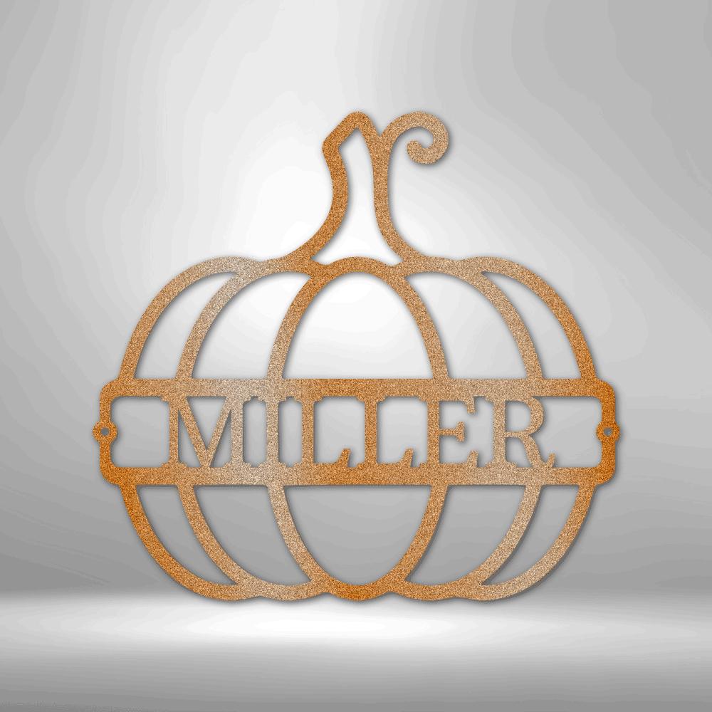 Copper pumpkin metal wall art with "MILLER" cutout, perfect for fall decor.