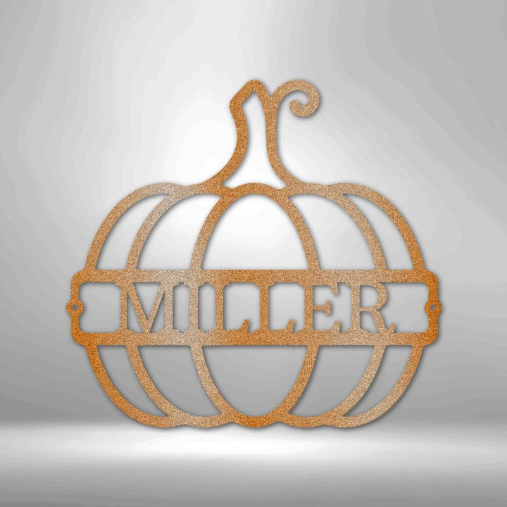 Copper pumpkin metal wall art with "MILLER" cutout, perfect for fall decor.