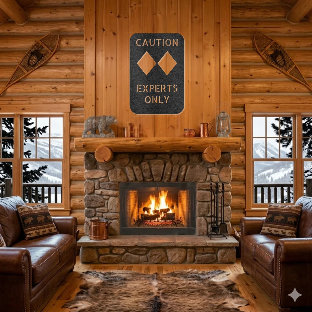 Log cabin interior with stone fireplace, leather couches, and 'Caution Experts Only' sign.