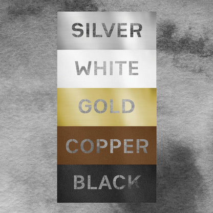 Metal wall art color swatches: silver, white, gold, copper, and black finishes for custom decor.