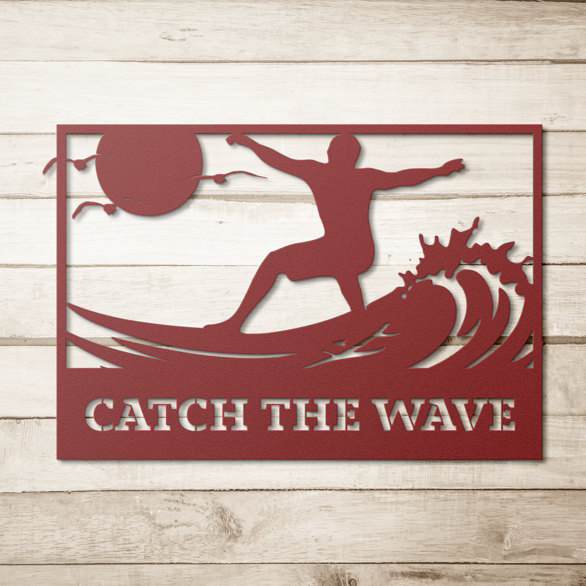 Catch_the_Wave_Metal_Wall_Art_Red_Simple_Wood_BKGD_Mockup.png