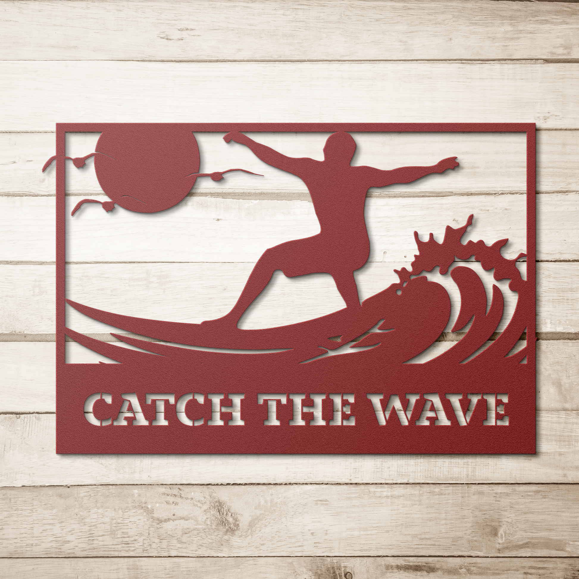 Catch_the_Wave_Metal_Wall_Art_Red_Simple_Wood_BKGD_Mockup.png