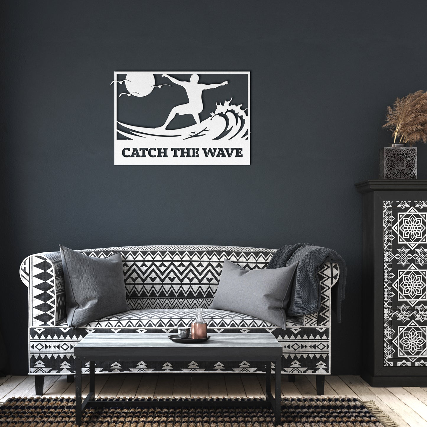 Catch_the_Wave_Metal_Wall_Art_White_Dark_Living_Room_Mockup.png