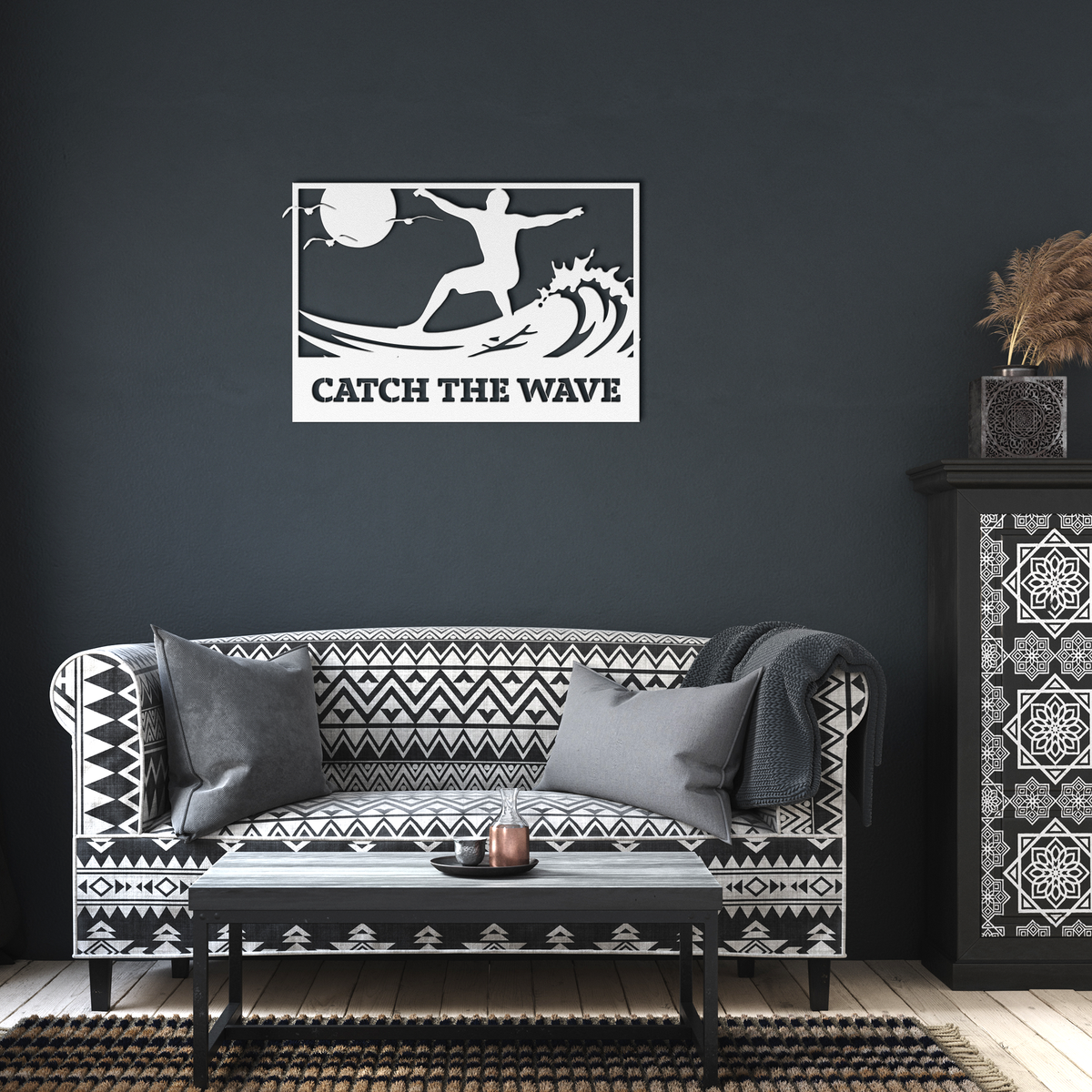 Catch_the_Wave_Metal_Wall_Art_White_Dark_Living_Room_Mockup.png