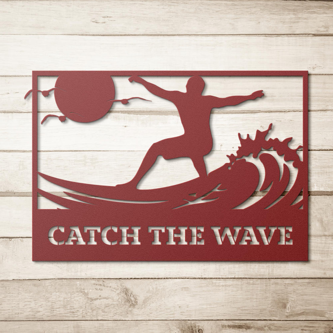 Catch_the_Wave_Metal_Wall_Art_Red_Simple_Wood_BKGD_Mockup