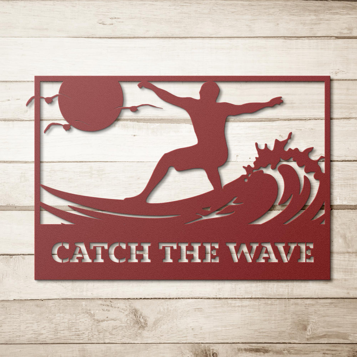Catch_the_Wave_Metal_Wall_Art_Red_Simple_Wood_BKGD_Mockup