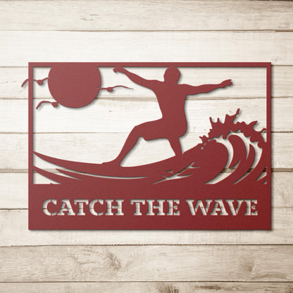 Catch_the_Wave_Metal_Wall_Art_Red_Simple_Wood_BKGD_Mockup