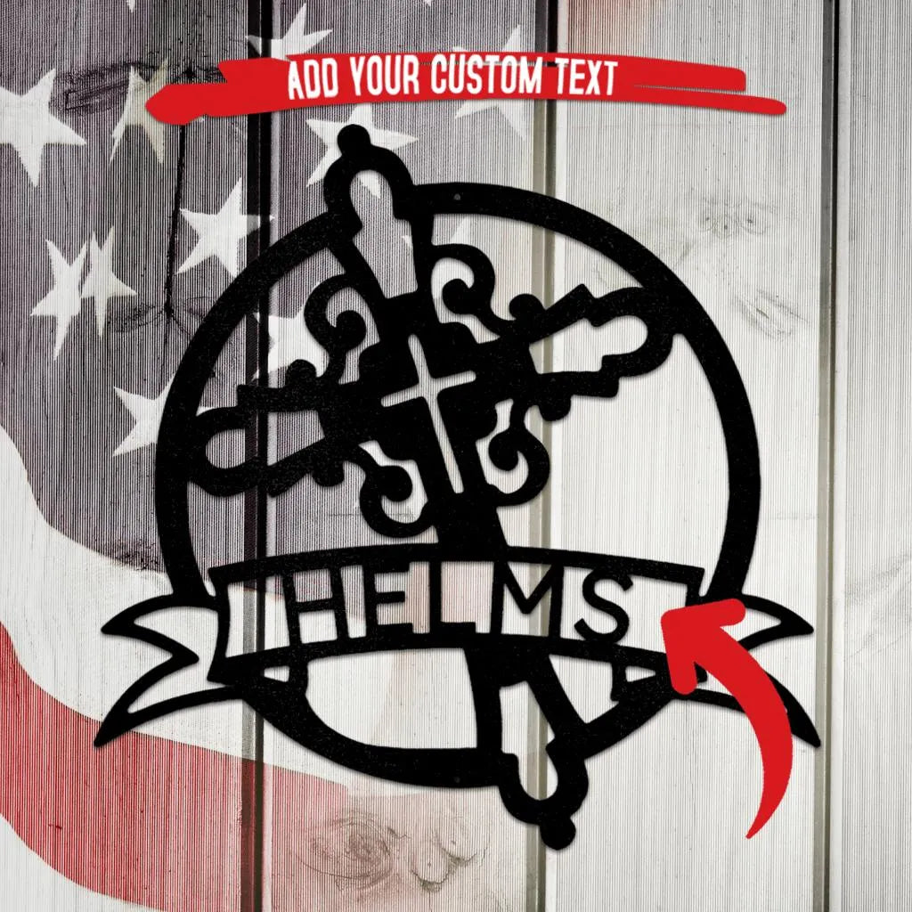 Black metal Catholic monogram wall art with a cross and custom "HELMS" text on a wood and American flag background.