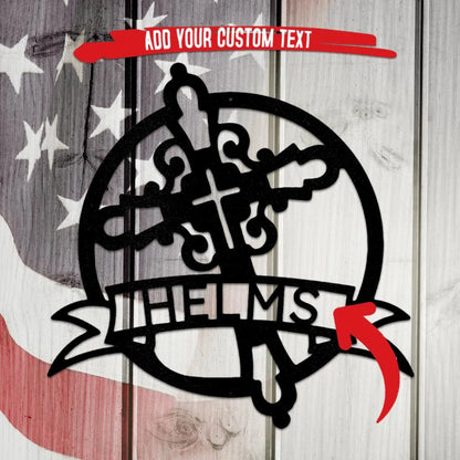 Black metal Catholic monogram wall art with a cross and custom "HELMS" text on a wood and American flag background.