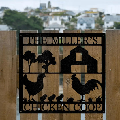 Black metal chicken coop monogram with "THE MILLER'S CHICKEN COOP" text, rooster, hens, chicks, trees, and barn.