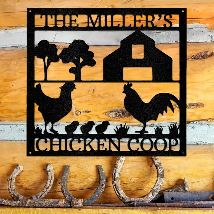 Black metal chicken coop monogram wall art with rooster, hen, chicks, barn, and "THE MILLER'S CHICKEN COOP" text.