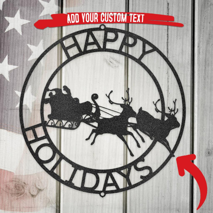 Black metal "Happy Holidays" wall art with Santa's sleigh and reindeer, customizable.