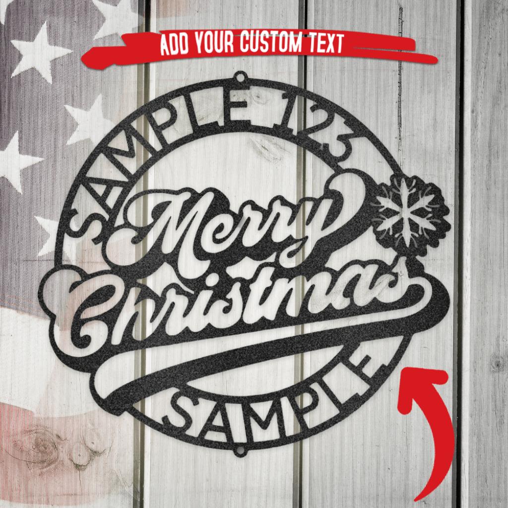 Black metal Christmas ring wall art with "Merry Christmas" script, snowflake, and custom text areas.