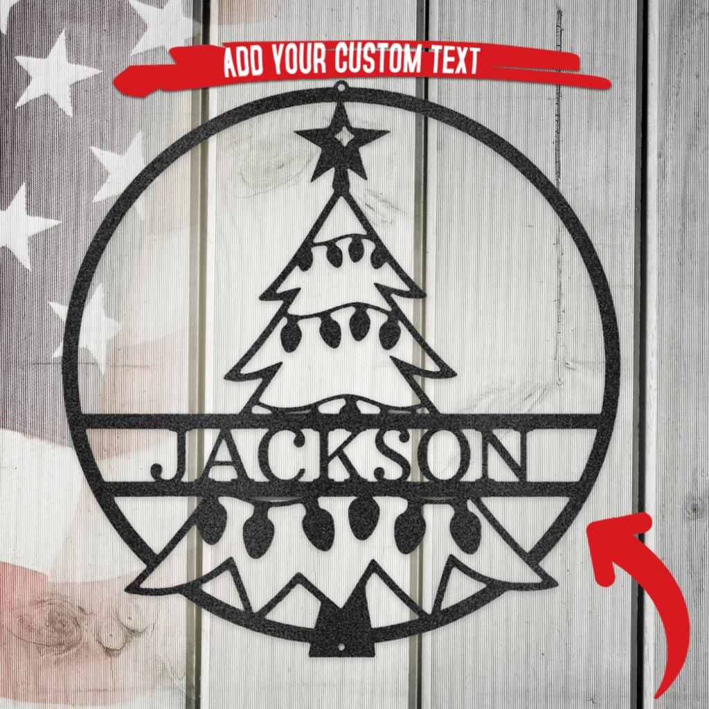 Black metal Christmas tree wall art with "JACKSON" custom text, framed in a circle.
