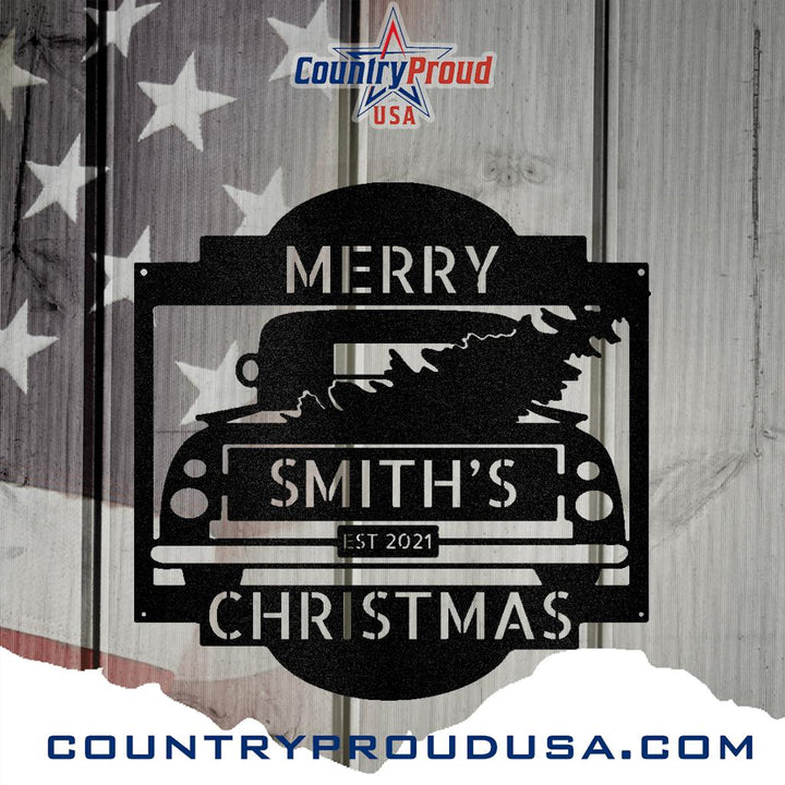 Black metal Christmas truck monogram with "Merry Smith's Christmas Est 2021" text, featuring a tree in the truck bed.