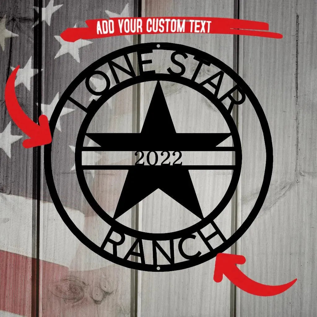 Black metal Lone Star Ranch monogram with a star and "2022" on a rustic American flag background.