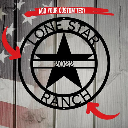 Black metal Lone Star Ranch monogram with a star and "2022" on a rustic American flag background.