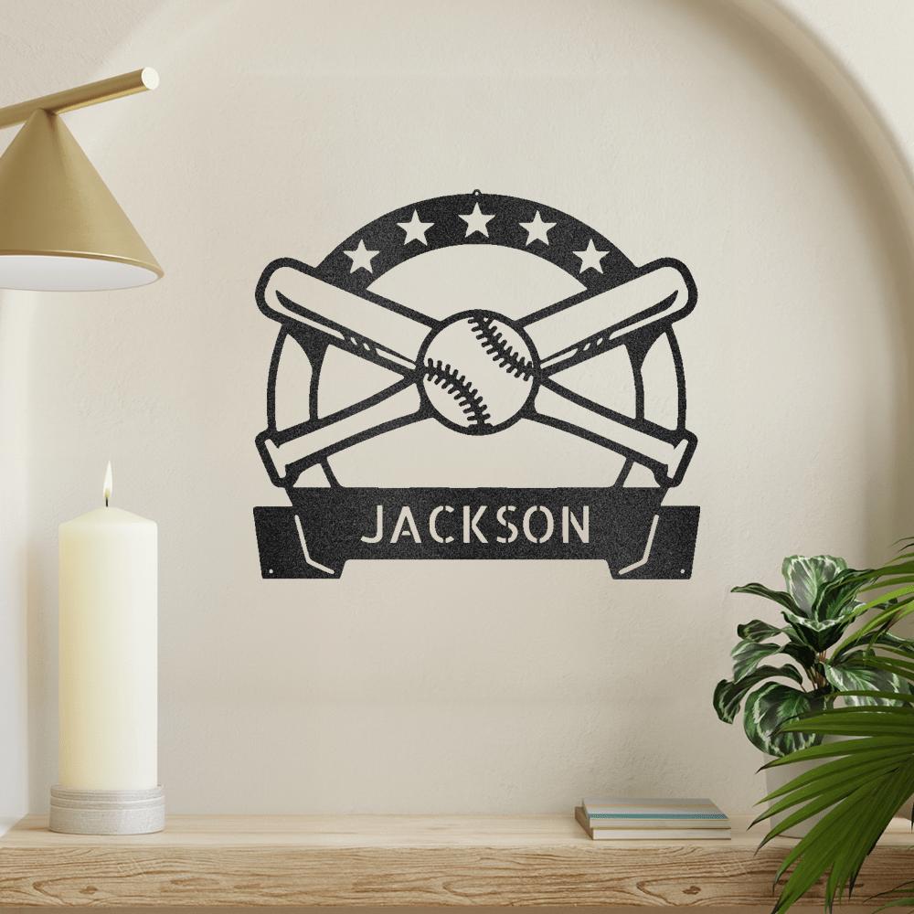 Black metal baseball monogram with crossed bats, ball, stars, and "JACKSON" name.
