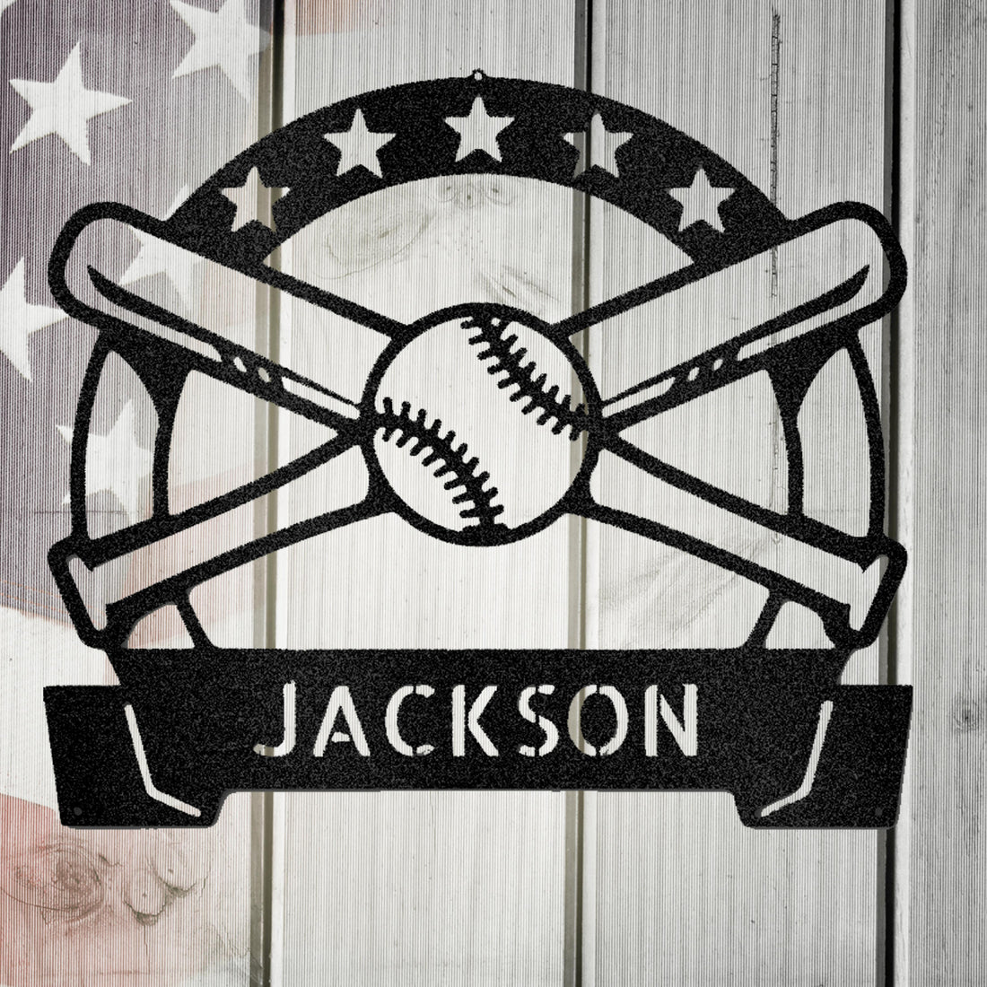 Black metal baseball monogram with crossed bats, ball, stars, and "JACKSON" on a rustic wood and flag background.
