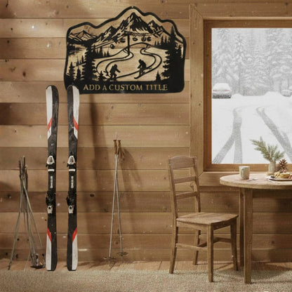 Wooden cabin interior with skis, chair, and decorative wall art.