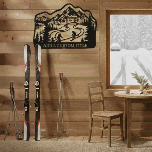 Wooden cabin interior with skis, chair, and decorative wall art.