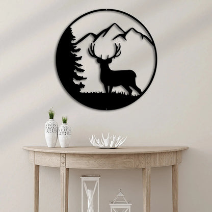 Black metal deer head wall art with mountain and tree silhouette design in a circular frame.