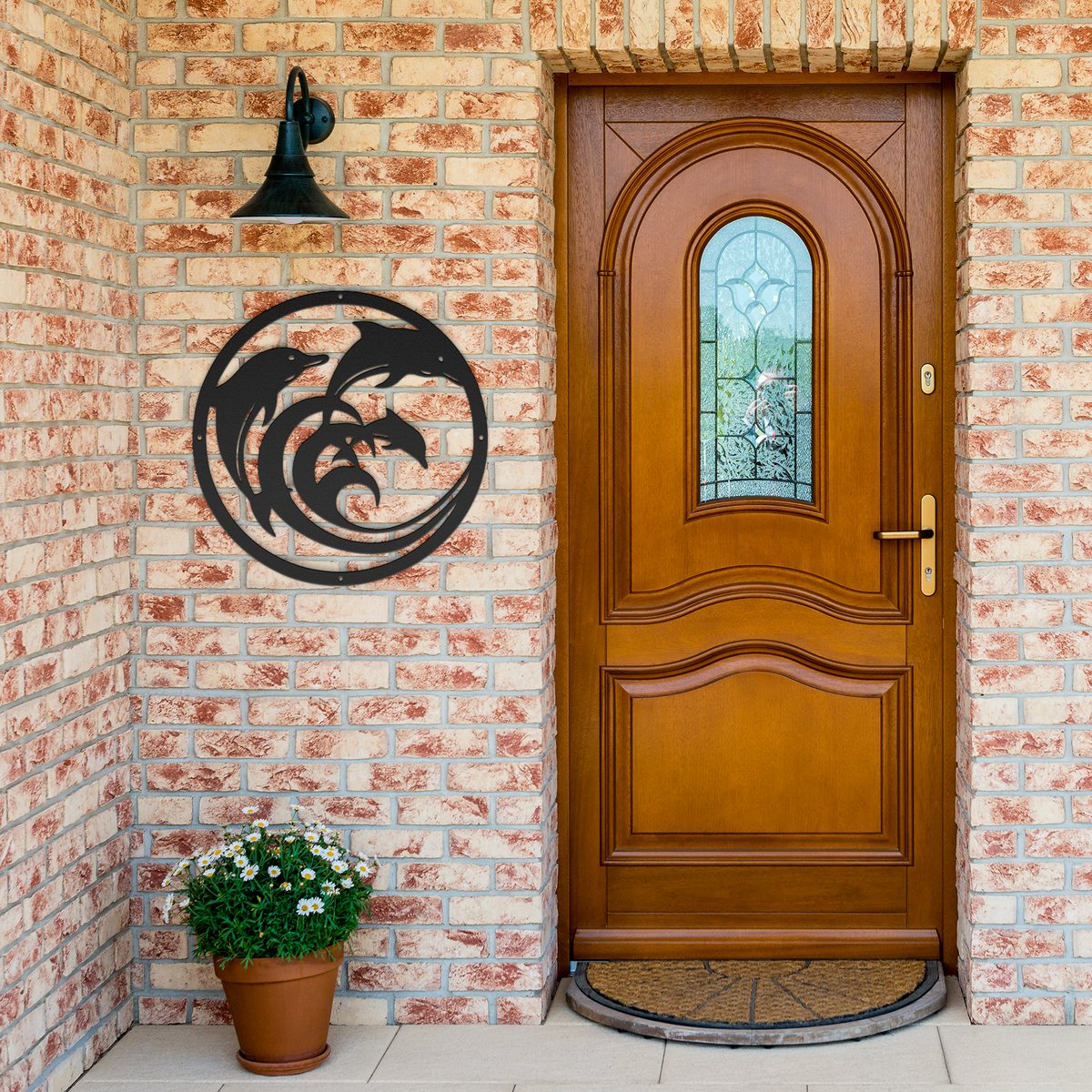 Dolphin_Circle_Metal_Wall_Art_Black_Brick_Entrance_Mockup.png
