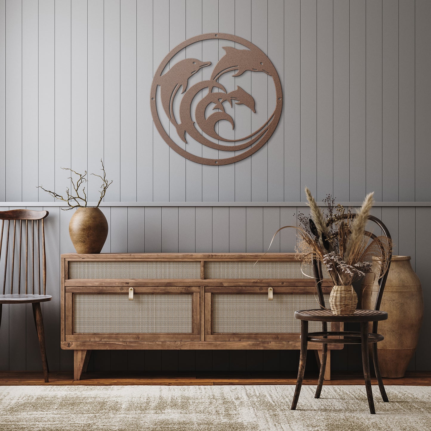 Dolphin_Circle_Metal_Wall_Art_Copper_Rustic_Hallway_Mockup.png