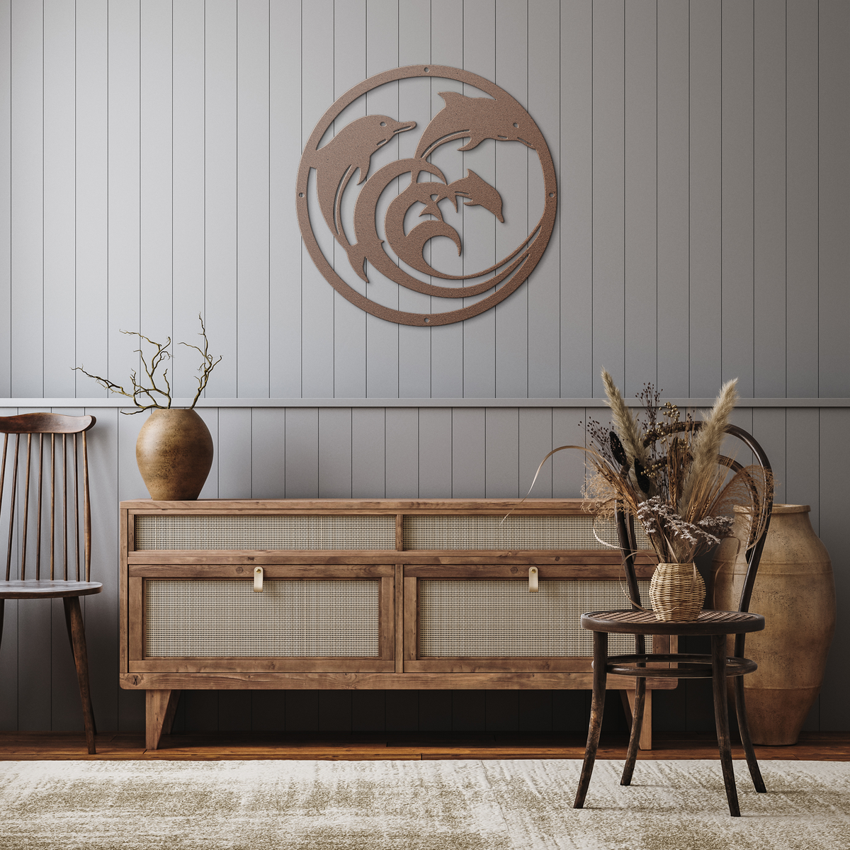 Dolphin_Circle_Metal_Wall_Art_Copper_Rustic_Hallway_Mockup.png