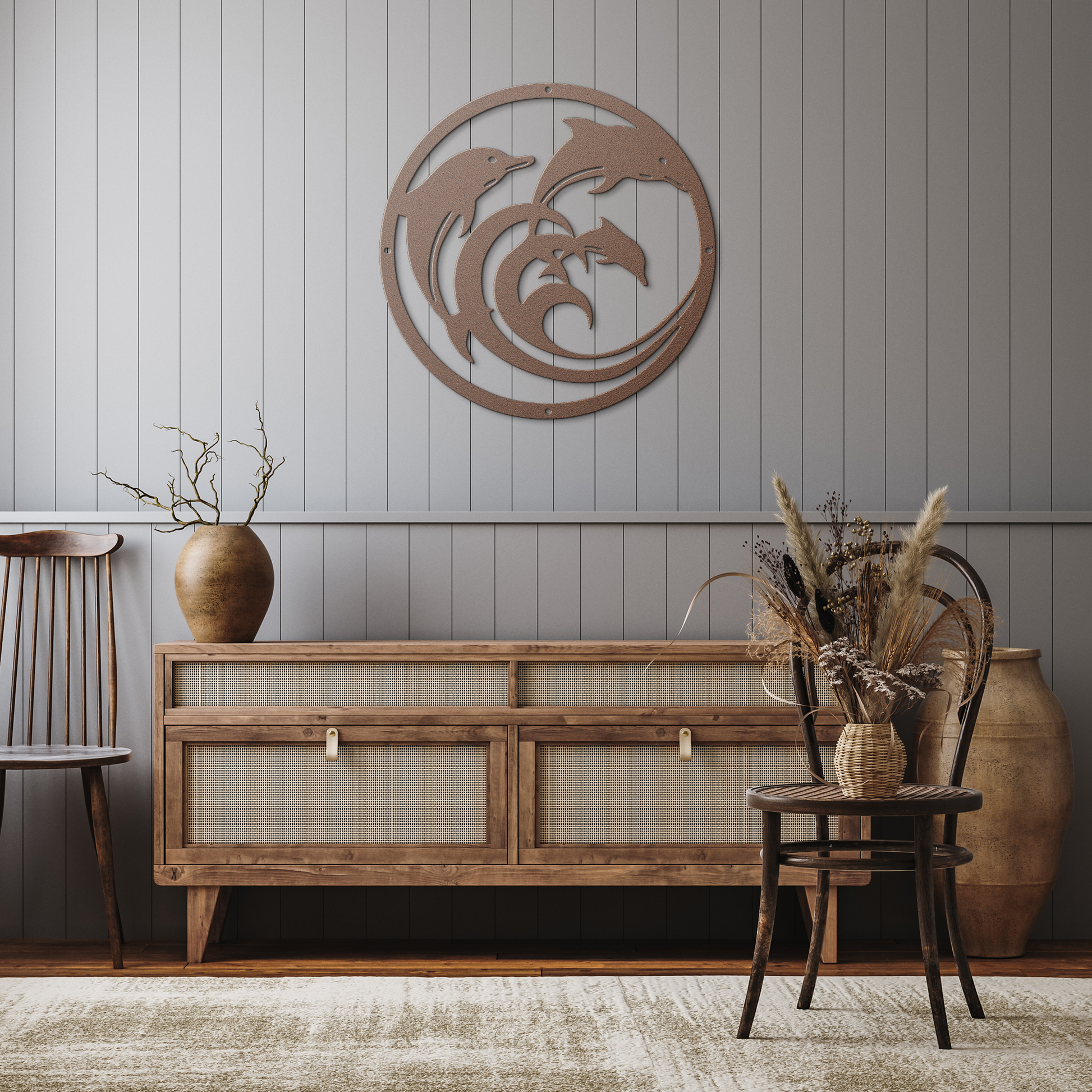 Dolphin_Circle_Metal_Wall_Art_Copper_Rustic_Hallway_Mockup.png