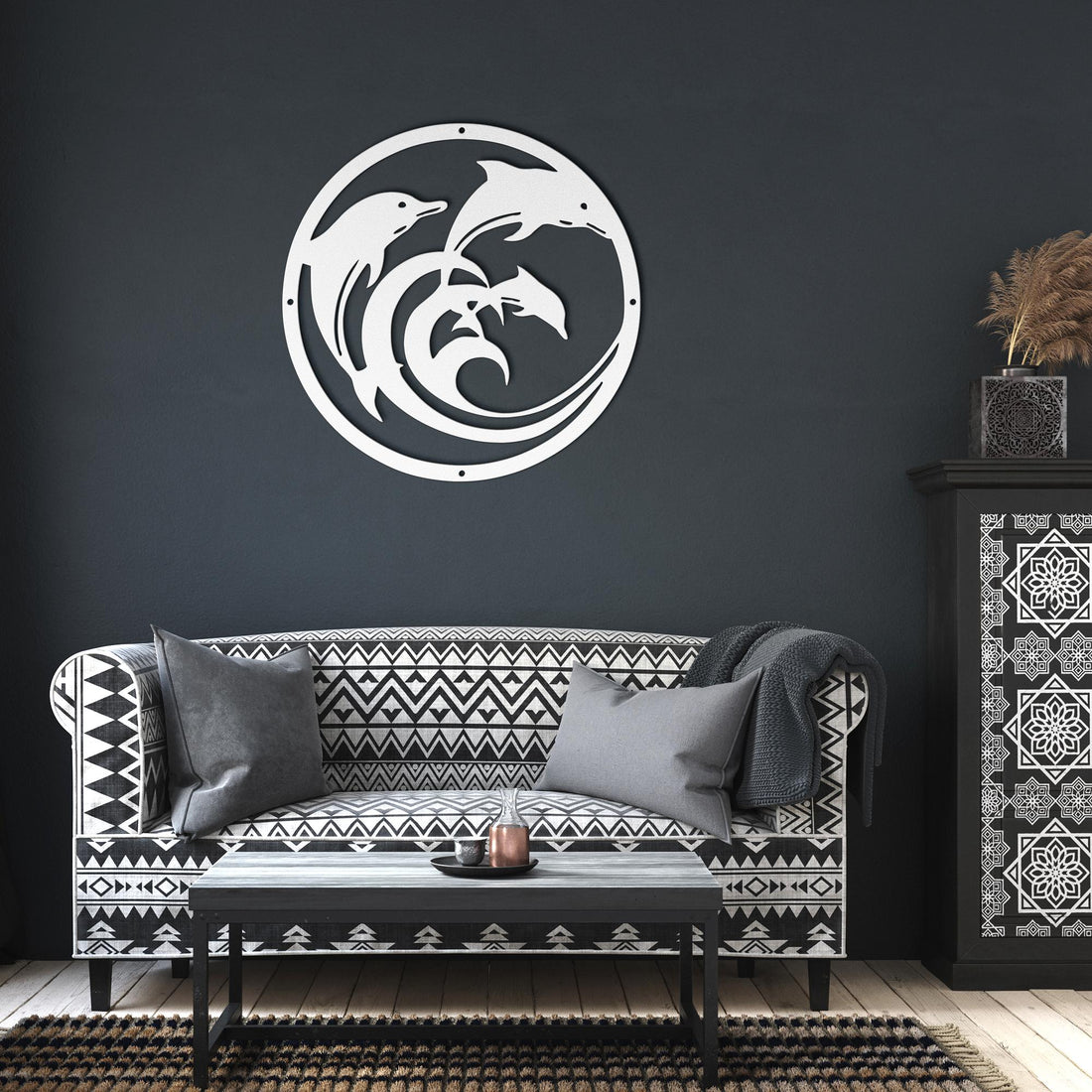 Dolphin_Circle_Metal_Wall_Art_White_Dark_Living_Room_Mockup