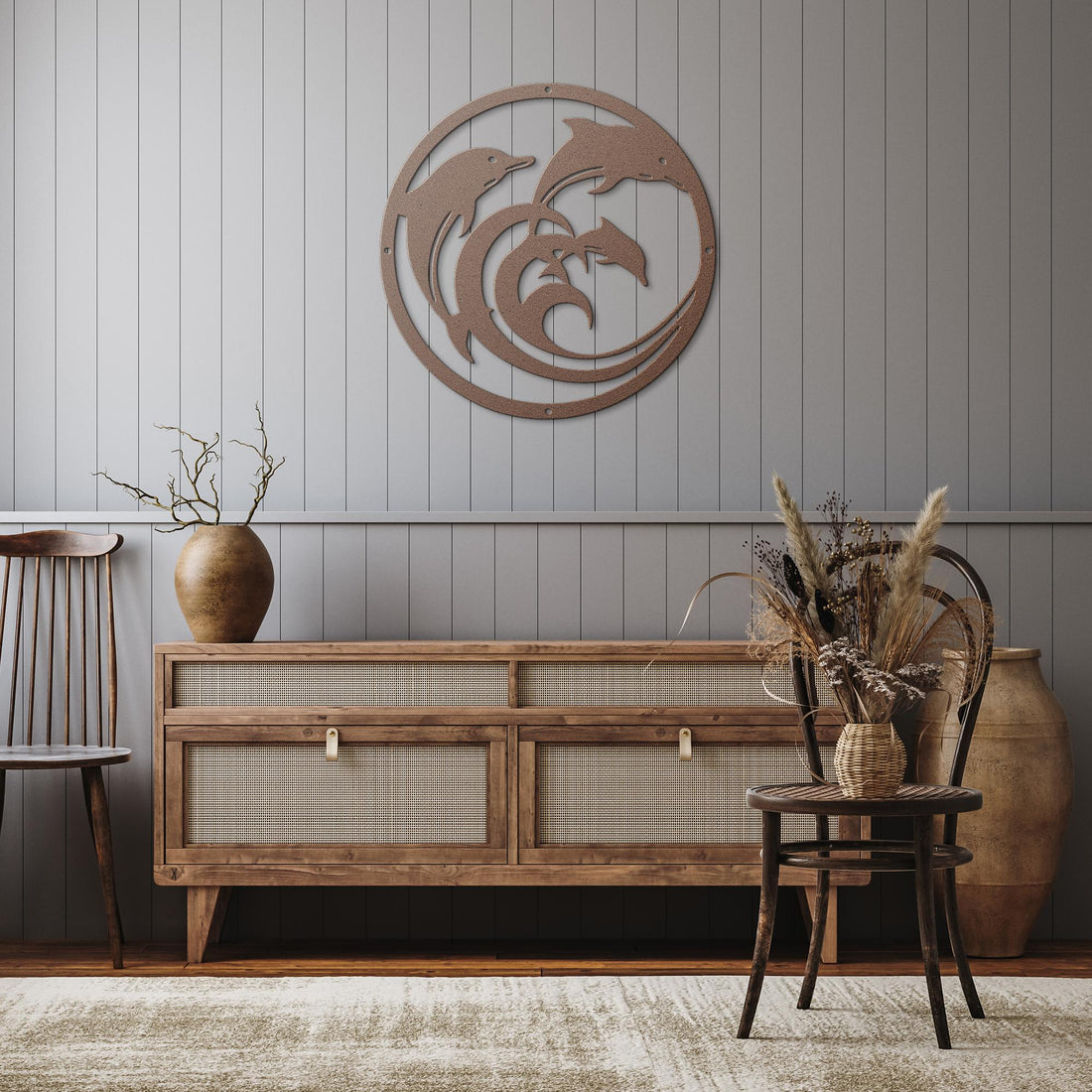 Dolphin_Circle_Metal_Wall_Art_Copper_Rustic_Hallway_Mockup
